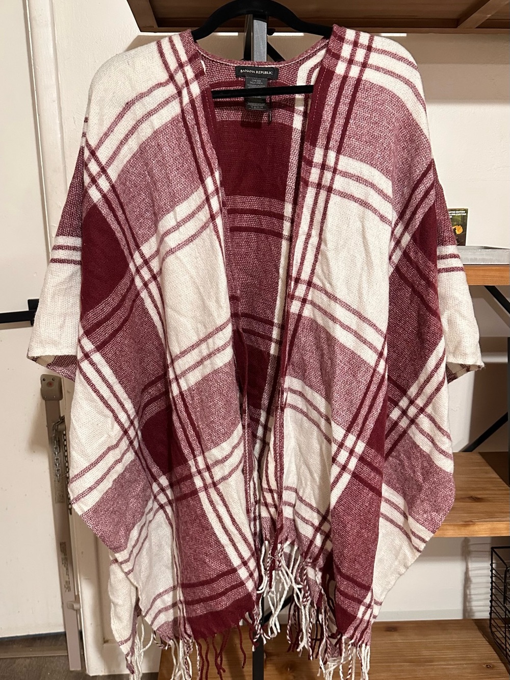 Banana Republic Burgundy and Cream Plaid Knit Poncho with Fringe